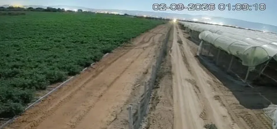 Ripresa notturna a colori di una telecamera Zerogrid: strada, recinzione e serre ben distinguibili
