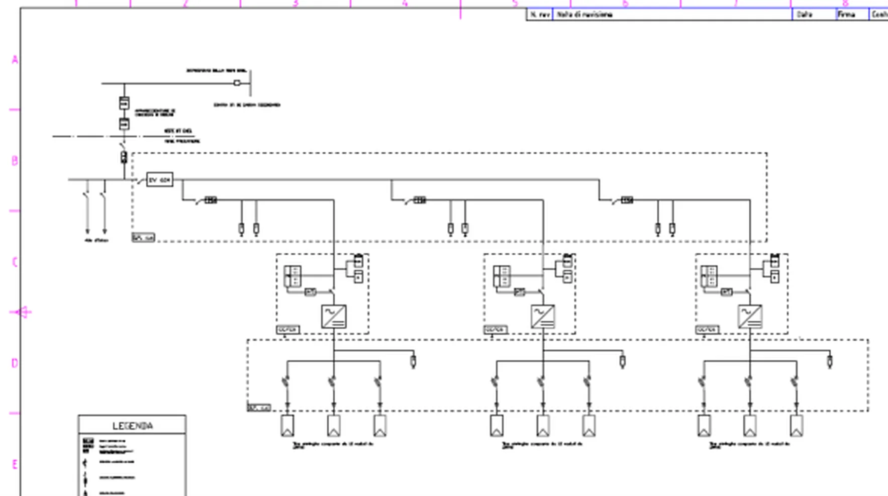 Esempio di schema unifilare di un impianto fotovoltaico con tre inverter
